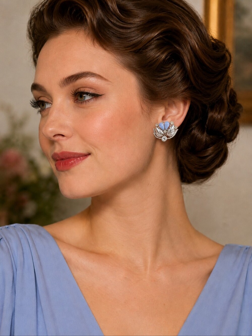 1950s Silver Leaf & Blue Cabochon Screw Back Earrings Vtg Mid-Century Costume